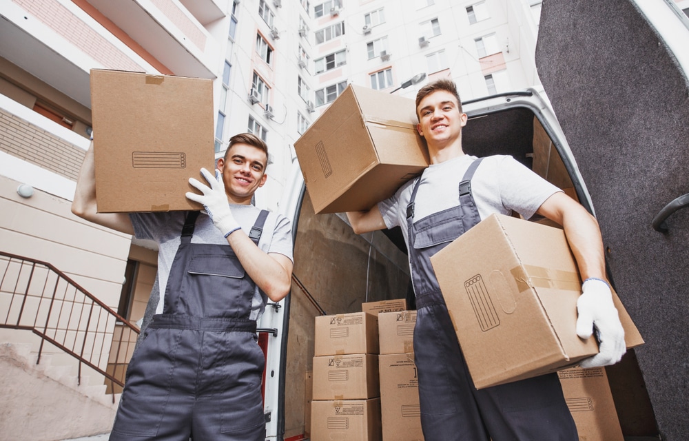 Picture of 2 boys holding cardboard boxes